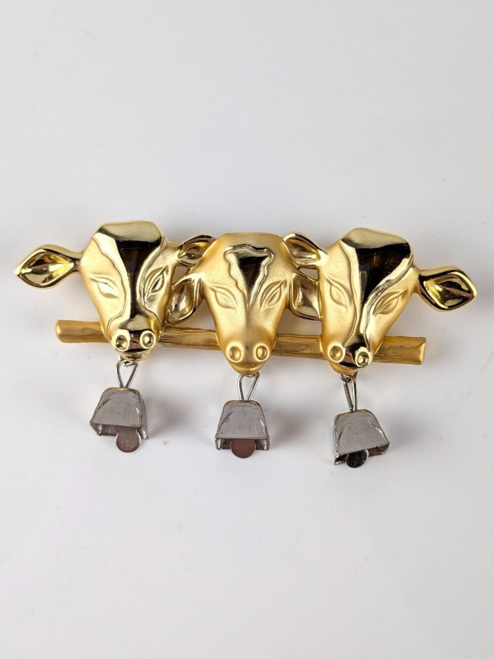 Vintage AJC Cows & Cowbells Gold-tone Brooch